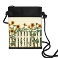 Sunflower and bee crossbody phone bag with black zip and braided cord in cream finish - 02-Sunflower Fence Style