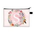 Pink cosmetics bag with floral letter S print and black zipper for travel storage - Letter S Style / Large