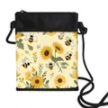 Crossbody phone bag in black and beige canvas with sunflower and bee illustration - 04-Sunflower Bee Beige Style