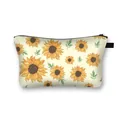 Sunflower pattern dumpling makeup bag with black zipper on cream canvas fabric - Sunflower and Green Leaves Illustration