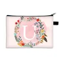 Pink makeup bag featuring floral letter U print with durable black zipper closure - Letter U Style / Large