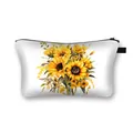 Flat white cosmetic bag with sunflower print and black zipper for daily organization - Sunflower Bouquet Painted Pattern