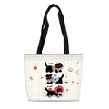 Detail of grid pattern canvas tote bag featuring cute cartoon cats and black straps - Grey Check Three Cats