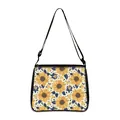 Bee and sunflower pattern tote bag with yellow floral print and black shoulder strap - Sunflower Dark Blue Leaves Style (17)