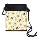 Crossbody phone bag with sunflower and bee print on beige canvas and black strap - 12-Daisy Bee Pastoral White Style