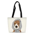 Close-up of beagle illustration with blue polka dot scarf on a cream canvas tote bag - Beagle Illustration