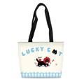 Close-up of cute lucky cat canvas tote bag with blue gingham base and black handle - Vicky Check Lucky Cat