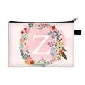 Pink cosmetic bag with floral letter Z print and black zipper for travel storage - Letter Z Style / Large