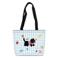 Cute cartoon canvas tote bag with light blue plaid pattern and cat illustration for women - Light Blue Check Cat