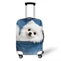 Elastic luggage cover featuring a 3D Pomeranian dog in a blue denim pocket design - Pomeranian Pattern (07)