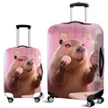 Pink elastic luggage cover with cute capybara print and makeup mirror design - S (18-20 Inch) / Pink Makeup Capybara (01)