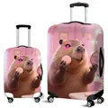Pink elastic luggage cover featuring a cute makeup capybara graphic in two sizes - S (18-20 Inch) / Pink Makeup Capybara (01)