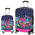 Navy floral luggage cover with pink stripes and flower patterns on suitcase - Striped Blue Floral