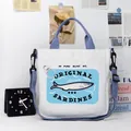 Sac cabas en toile avec imprimé sardines bleues et bandoulière réglable femme - Imprimé Art Sardine Fond Bleu(04)