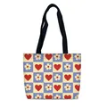 Borsa tote in tela a scacchi viola con cuori rossi e stampe floreali su sfondo bianco - Cuore a Scacchi (05)
