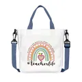 White canvas tote bag with teacher rainbow print and navy blue detachable straps - #Teacherlife Rainbow Style (07)