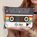 Retro cassette tape print makeup bag with rainbow design and convenient wrist strap - Rainbow Stripe MIX TAPE Style (02)
