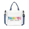White canvas tote bag with blue straps and colorful 'THANK YOU' print for teachers - Thank You Style (01)