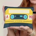 Retro cassette tape print cosmetic bag with large capacity and portable zipper closure - Yellow Dark Blue A-SIDE Cassette Style (04)