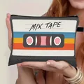 Retro cassette tape print toiletry bag with zipper and large capacity for travel - Retro Cream Blue MIX TAPE Style (05)