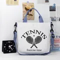 White canvas tote bag with blue straps and TENNIS graphic print for sport - Exercise Time Style (01)