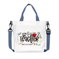 White canvas tote bag with Teacher Survival Kit print and adjustable blue straps - Teacher Survival Kit Style (02)