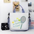 White canvas tennis tote bag with blue straps and adjustable crossbody shoulder strap - Tennis Time Style (02)
