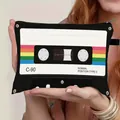 Retro cassette tape cosmetic bag with C-90 print and rainbow stripe zipper detail - Black Classic C-90 Cassette Style (03)