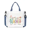 White floral canvas tote bag with blue straps and Teach Love Inspire print - Teach Love Inspire Style (03)