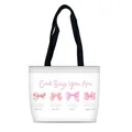 Détail des imprimés nœuds roses et des citations inspirantes sur le sac cabas blanc en toile - Style Nœud Citation Anglaise (07)