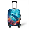 Close-up of elastic suitcase cover with blue dolphin and coral reef ocean print - Blue Dolphin Style (07)