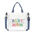 White canvas tote bag with 'BEST MOM' print and dark blue adjustable shoulder straps - Best Mom Style (06)