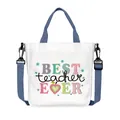White canvas tote bag with blue handles and BEST teacher EVER print design - Best Teacher Ever Style (08)