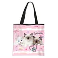 Pink polyester tote bag featuring cute realistic cat prints and black handles for women - Pink Base Ragdoll Cat Print