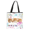 White polyester tote bag with cute orange cats and pink bows print and black handles - White Base Orange Cat Print