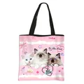 Pink cat tote bag with cute kitten prints and black handles for women shopping - Pink Base Polka Dot Cat Print