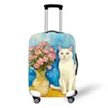 Elastic luggage cover featuring a colorful oil painting of a white cat and flowers - Size S (18-20 Inch) / Blue Flower Pot White Cat (04)