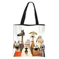 White canvas tote bag with funny cartoon dog print and black shoulder straps - Multi-breed Funny Dogs Style (05)