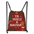 Red Christmas drawstring bag with ginger man pattern and YA HUELE A NAVIDAD text - Penguin Holiday Message (01)