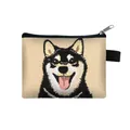Husky dog embroidery canvas coin purse with zipper and side loop in cream white - Black And White Husky