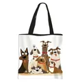White canvas tote bag with seven cute cartoon dogs print and black shoulder handles - 7 Meme Dogs Style (08)