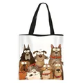 White canvas tote bag with black handles featuring a cute cartoon dog print pattern - Large Area Dog Group Portrait Style (10)