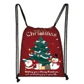 Red Christmas drawstring backpack with festive Santa, snowman, and tree illustrations - Santa Decorating Tree (04)