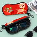 Portable red Christmas reindeer patterned sunglasses pouch with hook and zipper closure - 08-Reindeer Sleigh (Red)