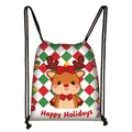 Christmas drawstring bag with reindeer cartoon and red green checkerboard pattern - Diamond Grid Reindeer (07)