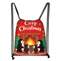Red Christmas drawstring gift bag with Cozy Christmas penguin print and black ropes - Cozy Penguin Fireplace (08)