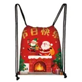 Red Christmas drawstring backpack featuring festive cartoon Santa and elf illustrations - Golden Happy Holidays (10)