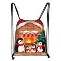 Christmas drawstring backpack featuring cartoon penguin family and Christmas tree pattern - Penguin Family Fireplace (11)