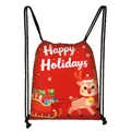 Christmas drawstring backpack in festive red with reindeer and Happy Holidays print - Cartoon Reindeer Sleigh (12)