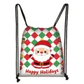 Christmas drawstring bag with Santa Claus cartoon and festive Happy Holidays print - Diamond Grid Santa (14)